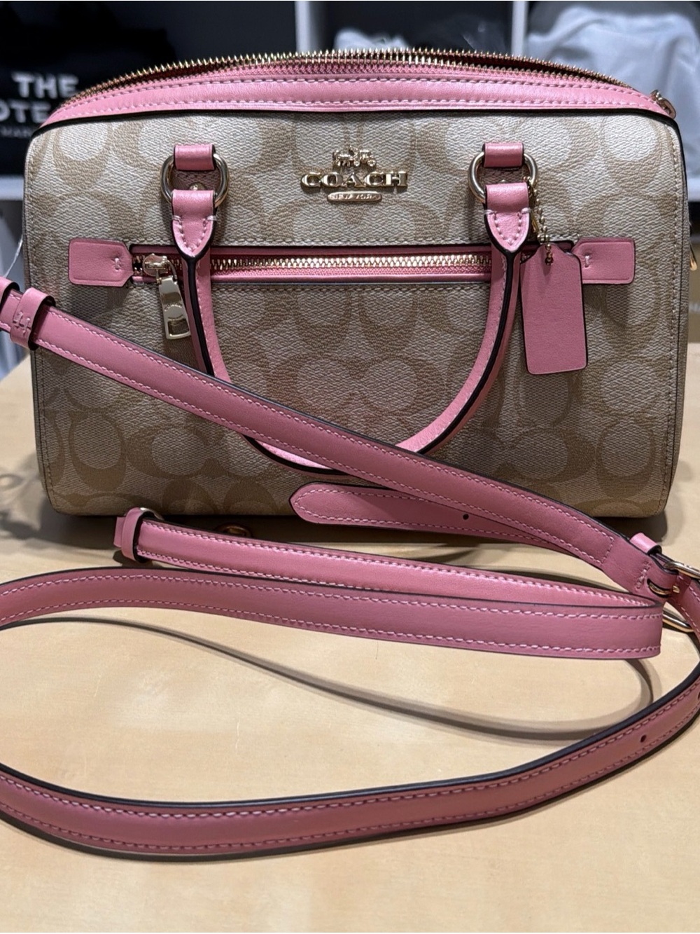 Coach Beige Signature Satchel with Pink Leather Trim